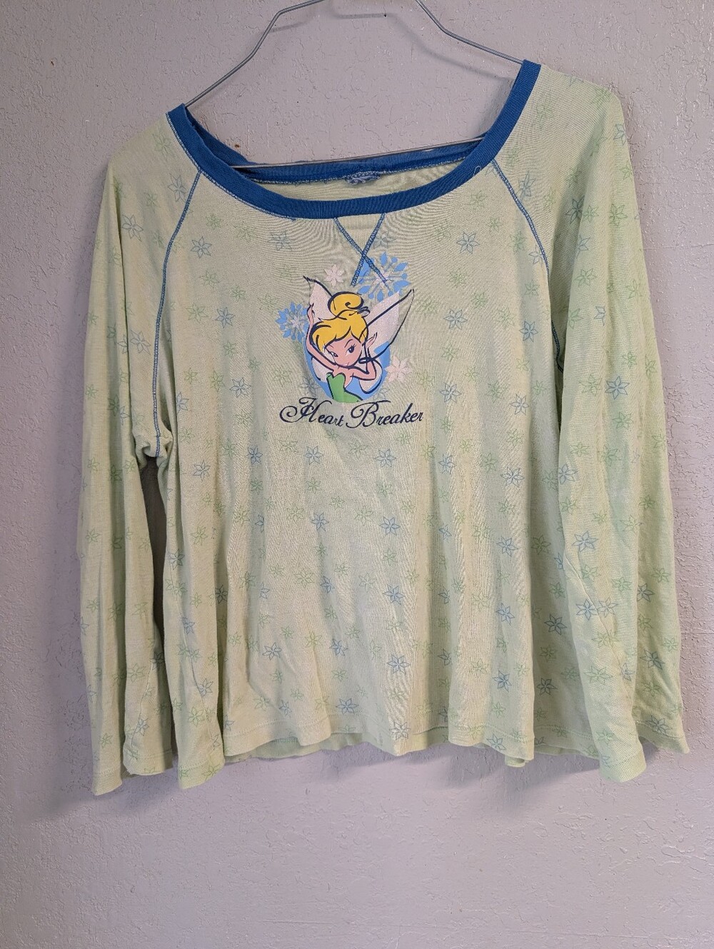 Y2K Tinker Bell Sleep Top M Green Heart Breaker Vintage Disney